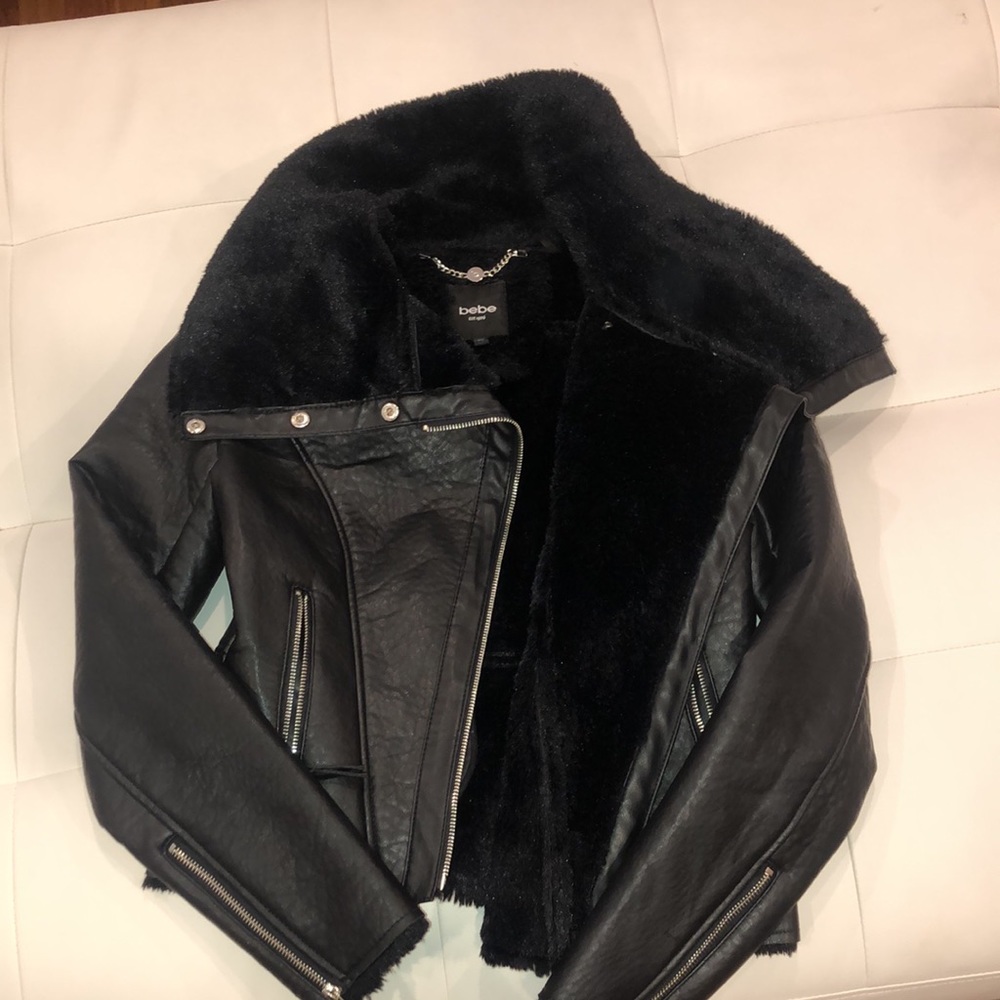 Bebe black faux leather faux fur lined jacket